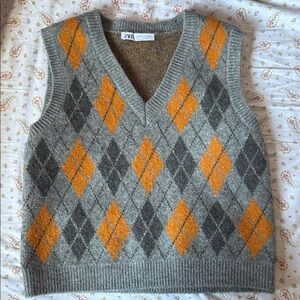 ZARA Gray Sweater Vest with Orange Argyle Pattern